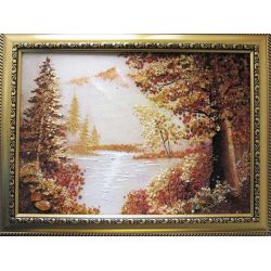 Картина из янтаря Горы и озеро Картина из янтаря Горы и озеро