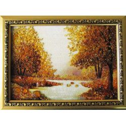 Картина з бурштину Осінній ліс з потічком 