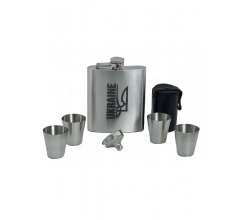 Zestaw Kolba srebrna + cztery kieliszki + konewka 200 ml "Ukraina Trójząb"