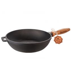 Лита чавунна сковорода з дерев'яною ручкою глибока 24*6 см
