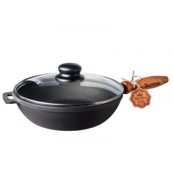 Лита чавунна сковорода з дерев'яною ручкою та кришкою глибока 24*6 см Т304С3