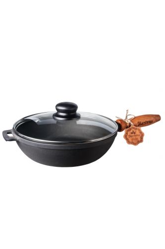 Лита чавунна сковорода з дерев'яною ручкою та кришкою глибока 24*6 см Т304С3