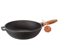 Cast cast iron pan with a wooden handle 28 * 6 cm deep