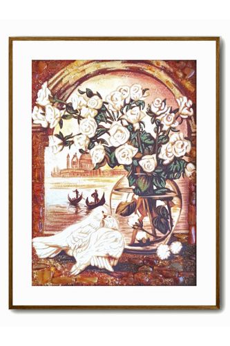 Картина з бурштину Голуби біля квітів