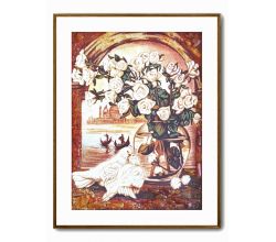 Картина з бурштину Голуби біля квітів