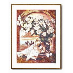 Картина з бурштину Голуби біля квітів